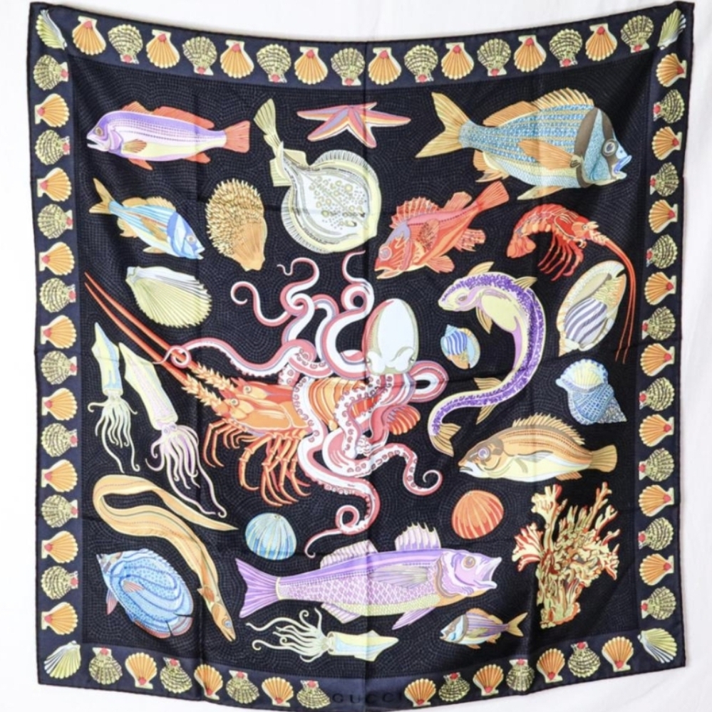 GUCCI VINTAGE SILK MARINE LIFE SCARF